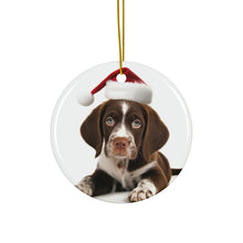 DistinctInk Hanging Ceramic Christmas Tree Ornament with Gold String - Great Gift/Present - 2 3/4 inch Diameter - Pointer Puppy Design