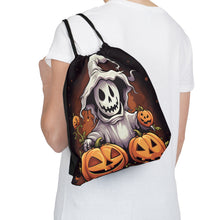 DistinctInk Drawstring Bag / Backpack with Trick or Treat Ghost-O-Lantern Design for Halloween