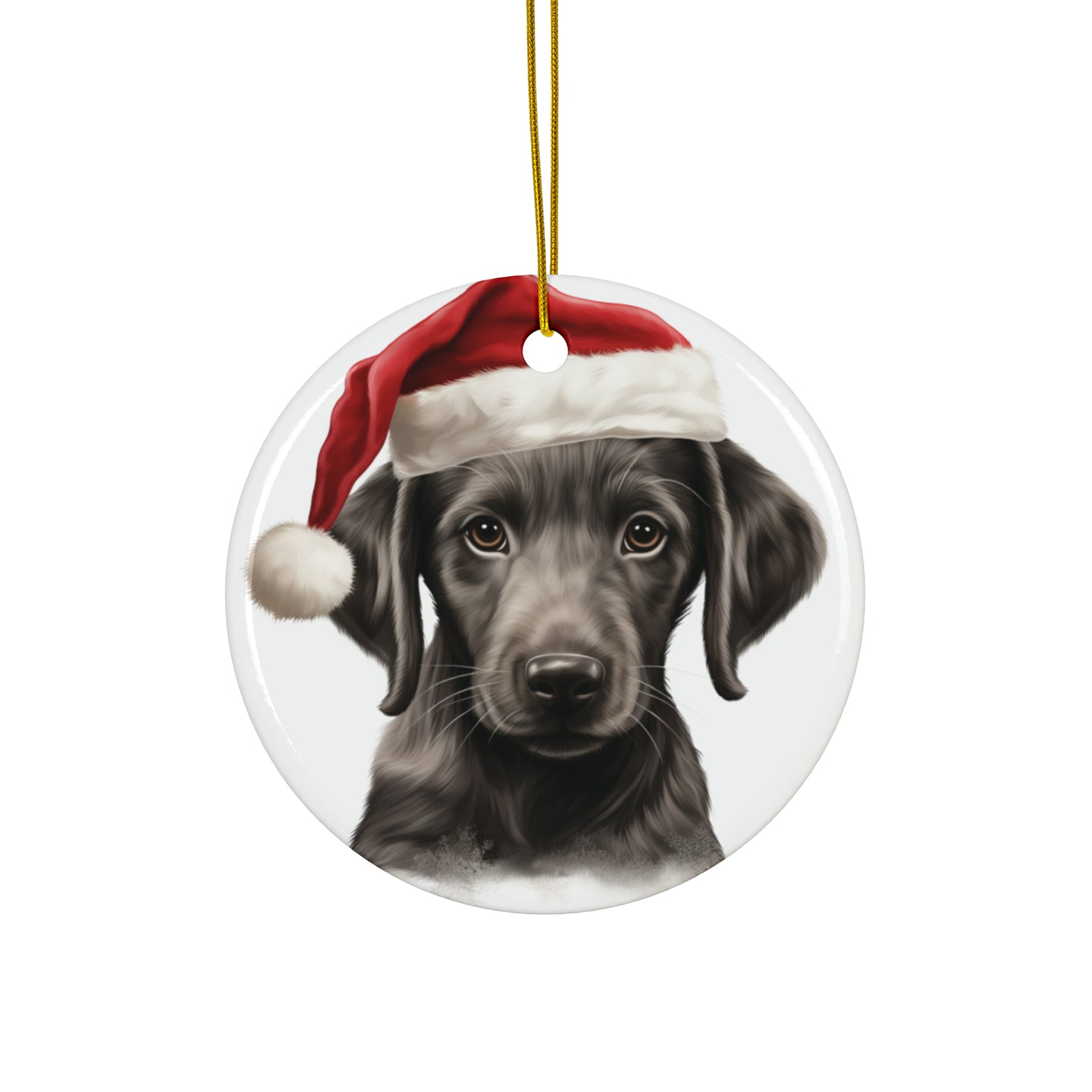 DistinctInk Hanging Ceramic Christmas Tree Ornament with Gold String - Great Gift/Present - 2 3/4 inch Diameter - Sloughi Puppy Drawing Design