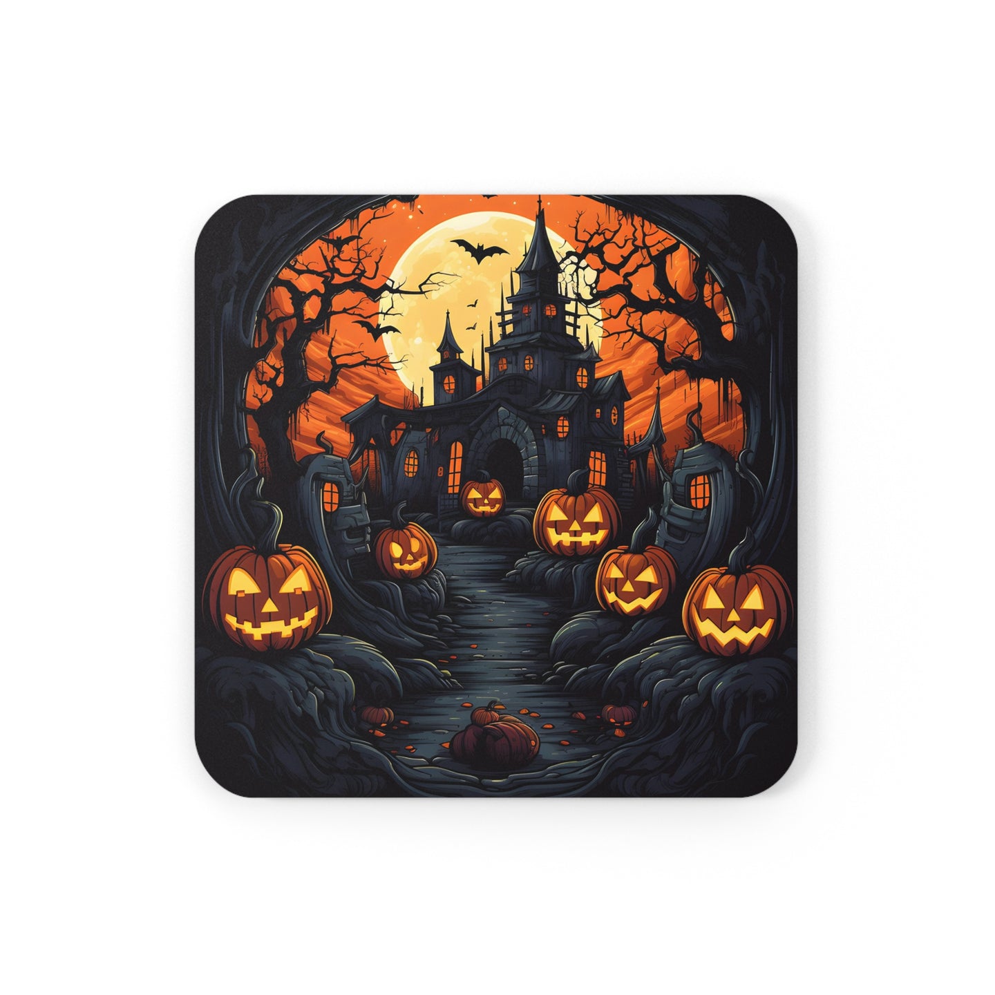 DistinctInk (Set of 4) Corkwood Coasters with Darkness Falls on HalloweenDesign for Halloween