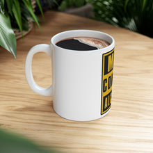 DistinctInk Glossy White Coffee / Tea Mug - May Contain Alcohol Warning Sign
