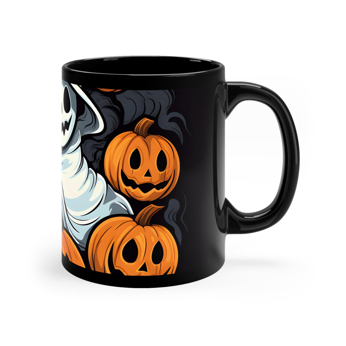 Black Coffee Mug - Spooky Skeletal Pumpkin Patch for Halloween, view 3