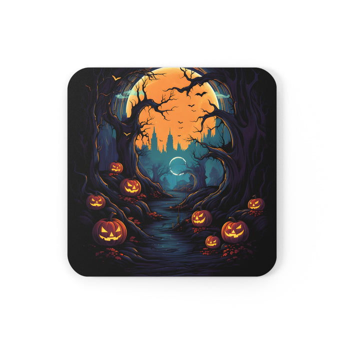 DistinctInk (Set of 4) Corkwood Coasters with Haunted Evening Nightmare Design for Halloween