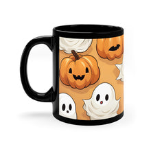 DistinctInk Black Coffee Mug - Ghostly Skeleton Pumpkin Patch for Halloween