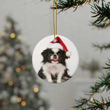 DistinctInk Hanging Ceramic Christmas Tree Ornament with Gold String - Great Gift/Present - 2 3/4 inch Diameter - Japanese Chin Puppy Design