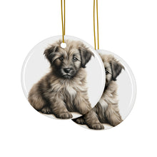 DistinctInk Hanging Ceramic Christmas Tree Ornament with Gold String - Great Gift/Present - 2 3/4 inch Diameter - Pyrenean Shepherd Puppy Drawing Design