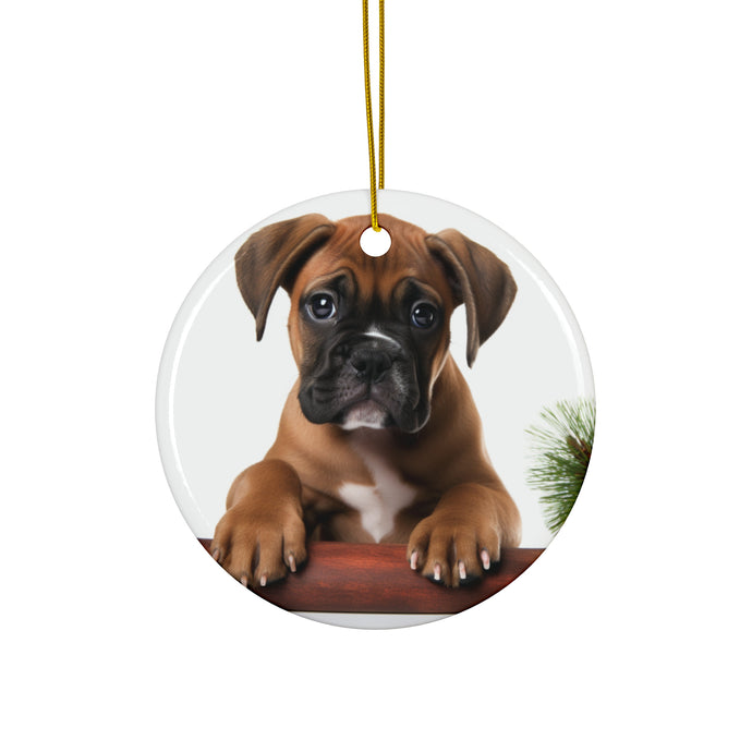 DistinctInk Hanging Ceramic Christmas Tree Ornament with Gold String - Great Gift/Present - 2 3/4 inch Diameter - Boxer Puppy Design
