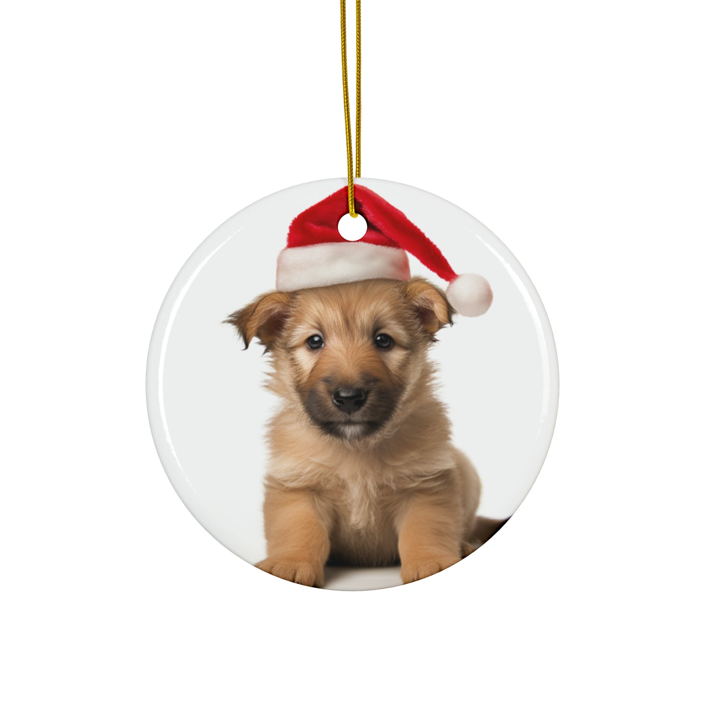 DistinctInk Hanging Ceramic Christmas Tree Ornament with Gold String - Great Gift/Present - 2 3/4 inch Diameter - Berger Picard Puppy Design