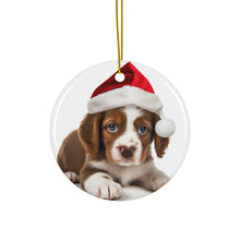 DistinctInk Hanging Ceramic Christmas Tree Ornament with Gold String - Great Gift/Present - 2 3/4 inch Diameter - Brittany Puppy Design
