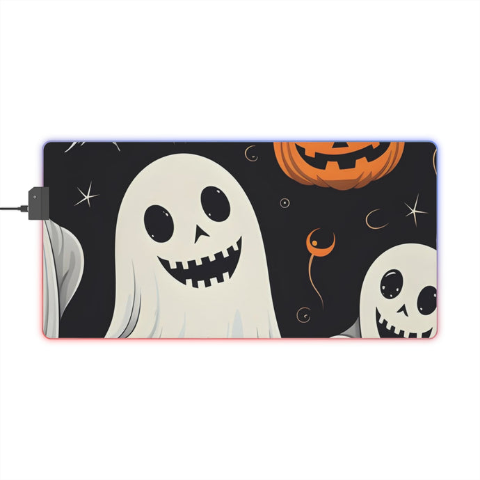 DistinctInk LED Gaming Mouse Pad with Spooky Skeleton Pumpkin Patch Design for Halloween