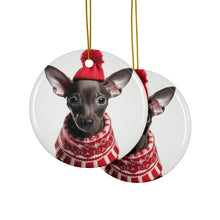 DistinctInk Hanging Ceramic Christmas Tree Ornament with Gold String - Great Gift/Present - 2 3/4 inch Diameter - Xoloitzcuintli Puppy Design