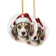 DistinctInk Hanging Ceramic Christmas Tree Ornament with Gold String - Great Gift/Present - 2 3/4 inch Diameter - Beagle Puppy Drawing Design