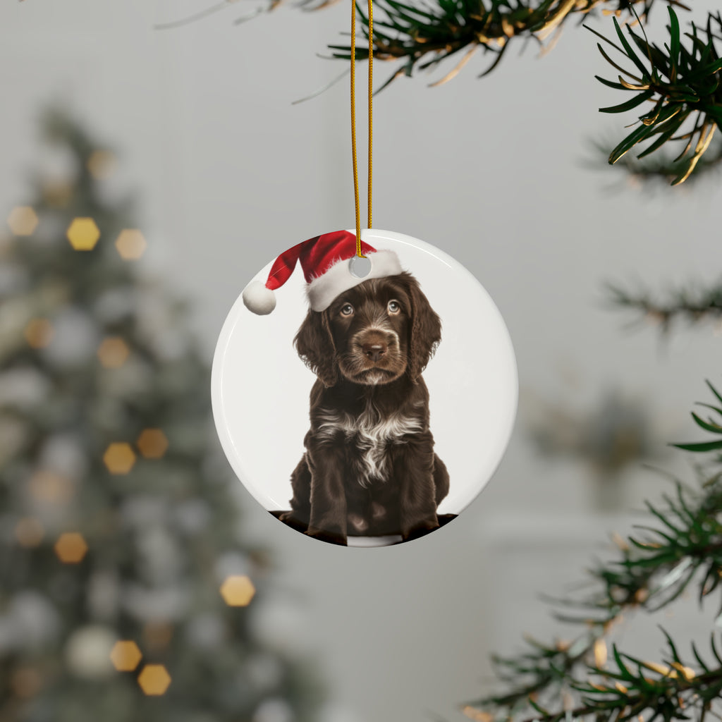 Hanging Ceramic Christmas Tree Ornament with Gold String - Spinoni Italiani Puppy Design, view 3