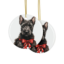 DistinctInk Hanging Ceramic Christmas Tree Ornament with Gold String - Great Gift/Present - 2 3/4 inch Diameter - Scottish Terrier Puppy Drawing Design