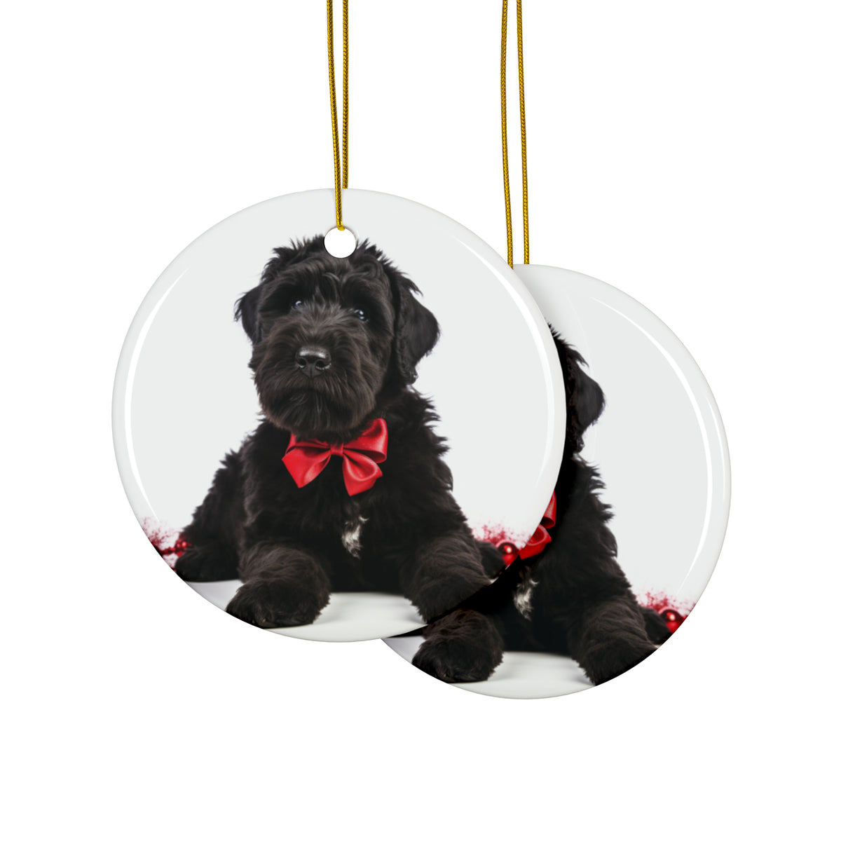 Hanging Ceramic Christmas Tree Ornament with Gold String - Black Russian Terrier Puppy Design, view 2