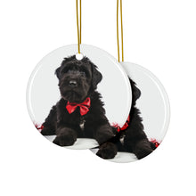 DistinctInk Hanging Ceramic Christmas Tree Ornament with Gold String - Great Gift/Present - 2 3/4 inch Diameter - Black Russian Terrier Puppy Design