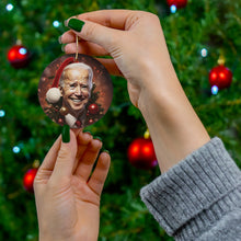 DistinctInk Hanging Ceramic Christmas Tree Ornament Charm with Gold String - Great Gift/Present - 2 3/4 inch Diameter - Biden's Merry Christmas Santa Hat