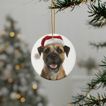 DistinctInk Hanging Ceramic Christmas Tree Ornament with Gold String - Great Gift/Present - 2 3/4 inch Diameter - Border Terrier Design