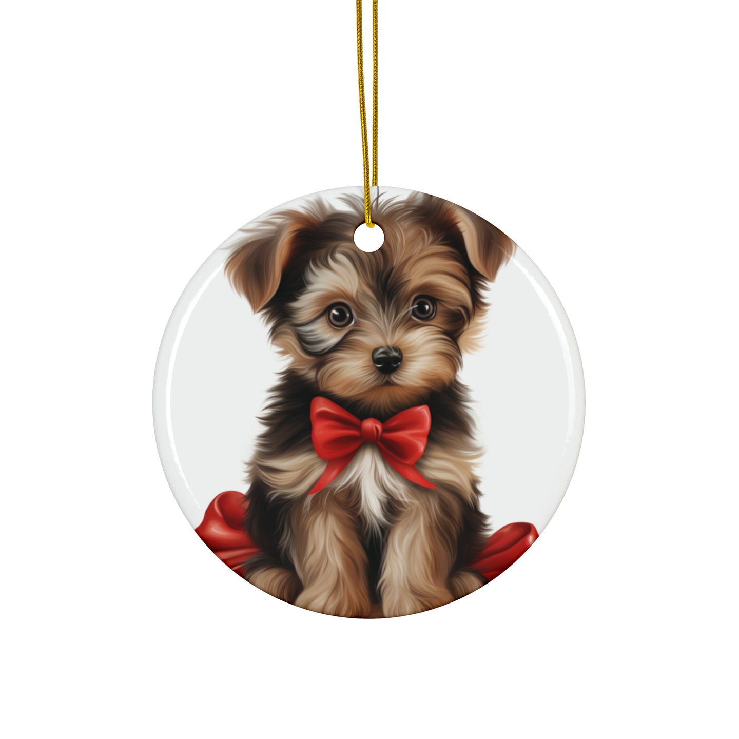 DistinctInk Hanging Ceramic Christmas Tree Ornament with Gold String - Great Gift/Present - 2 3/4 inch Diameter - Yorkshire Terrier Puppy Drawing Design