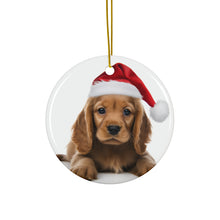 DistinctInk Hanging Ceramic Christmas Tree Ornament with Gold String - Great Gift/Present - 2 3/4 inch Diameter - Cocker Spaniel Puppy Design