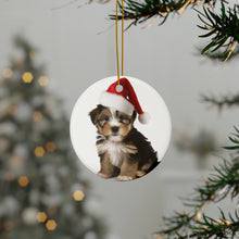 DistinctInk Hanging Ceramic Christmas Tree Ornament with Gold String - Great Gift/Present - 2 3/4 inch Diameter - Biewer Terrier Puppy Design