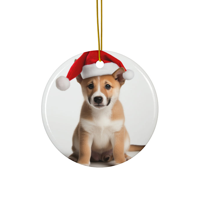 DistinctInk Hanging Ceramic Christmas Tree Ornament with Gold String - Great Gift/Present - 2 3/4 inch Diameter - Canaan Dog Puppy Design