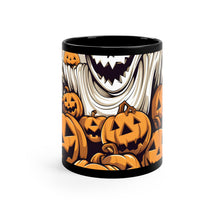 DistinctInk Black Coffee Mug - Ghostly Skeleton and Pumpkins for Halloween