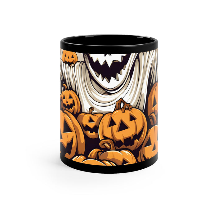 DistinctInk Black Coffee Mug - Ghostly Skeleton and Pumpkins for Halloween