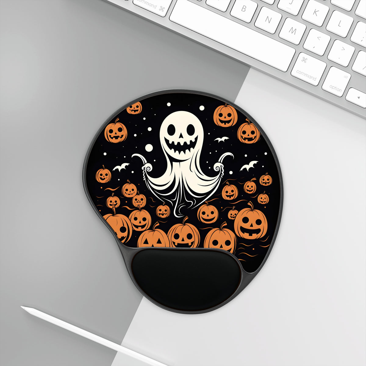 Mouse Pad with Wrist Rest with Ghost Skeleton Cartoon Pumpkins Design for Halloween, view 3