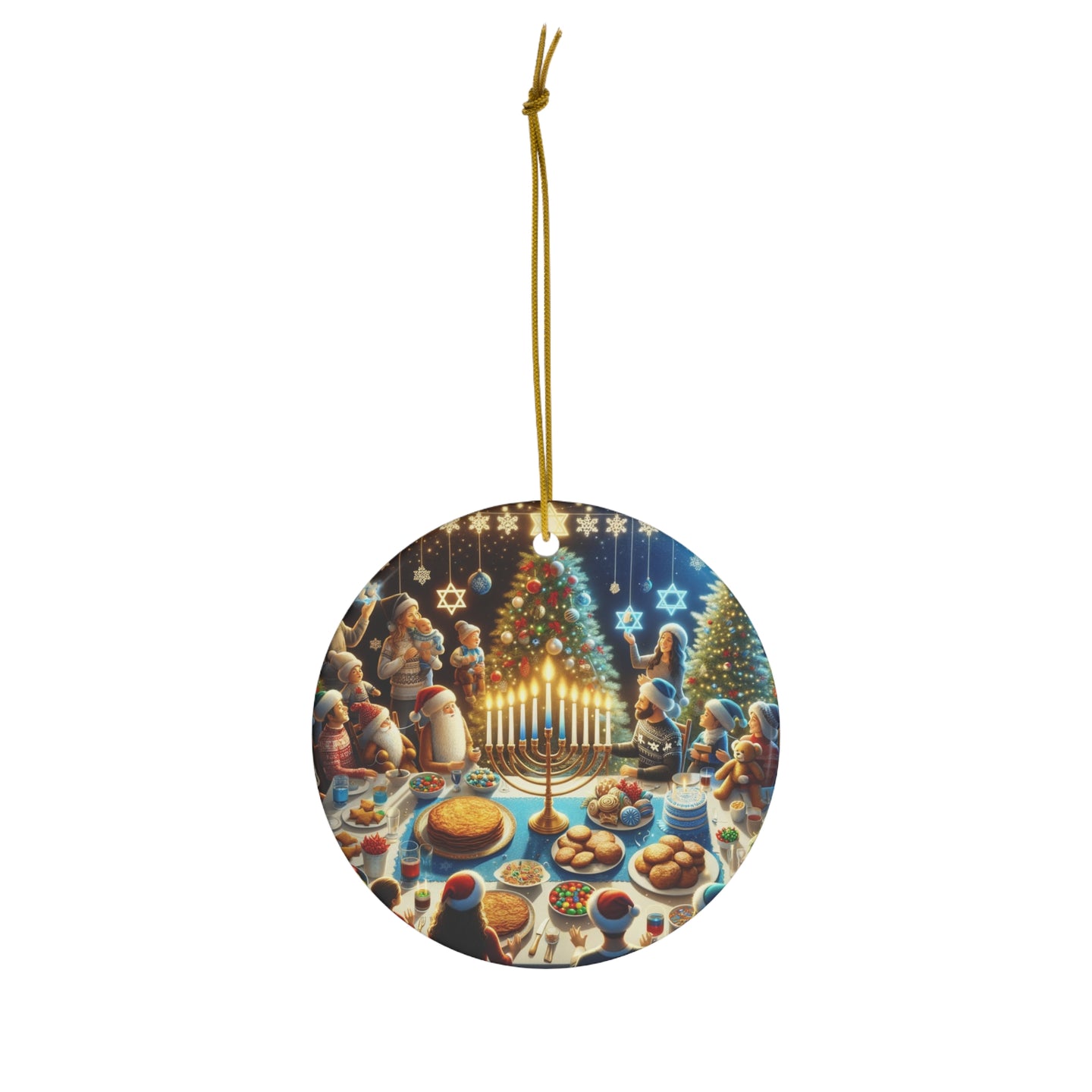 DistinctInk Hanging Ceramic Christmas Tree Ornament Charm with Gold String - Great Gift/Present - 2 3/4 inch Diameter - Holiday Unity Celebration