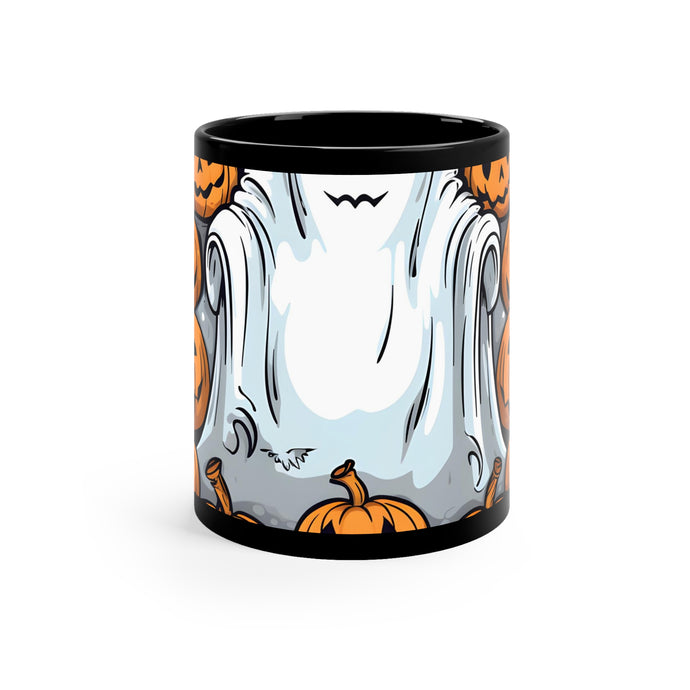 DistinctInk Black Coffee Mug - Skeletal Ghostly Pumpkins for Halloween