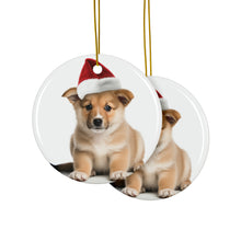 DistinctInk Hanging Ceramic Christmas Tree Ornament with Gold String - Great Gift/Present - 2 3/4 inch Diameter - Norwegian Lundehund Puppy Design
