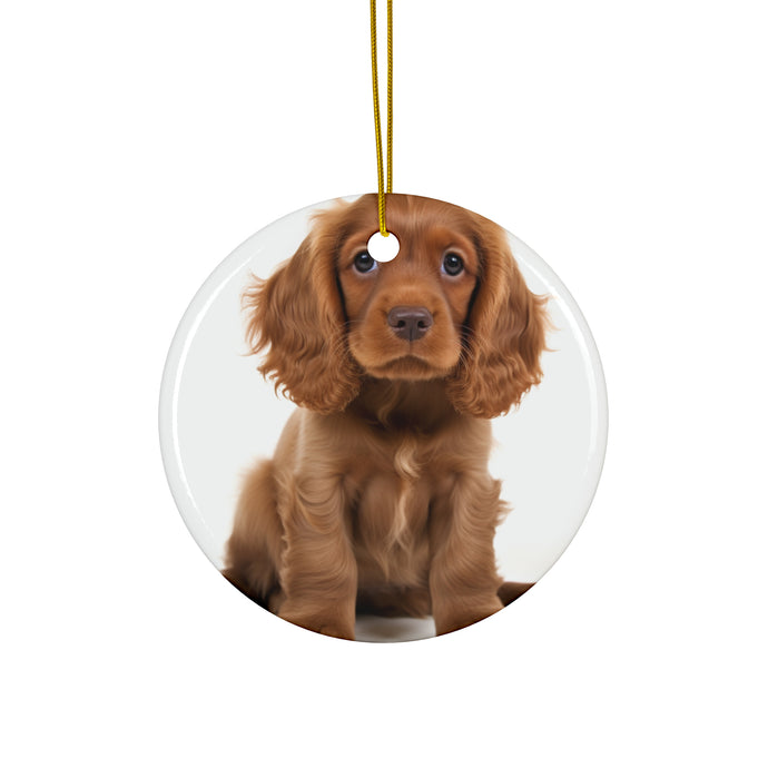 DistinctInk Hanging Ceramic Christmas Tree Ornament with Gold String - Great Gift/Present - 2 3/4 inch Diameter - Sussex Spaniel Puppy Design