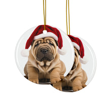 DistinctInk Hanging Ceramic Christmas Tree Ornament with Gold String - Great Gift/Present - 2 3/4 inch Diameter - Chinese Shar-Pei Puppy Design
