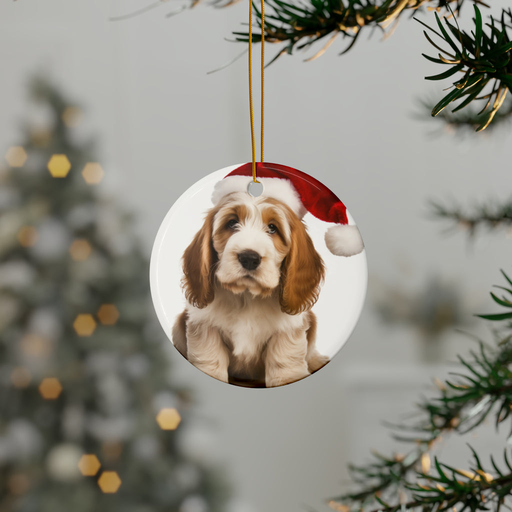 Hanging Ceramic Christmas Tree Ornament with Gold String - Grand Basset Griffon Vendéen Puppy Design, view 3
