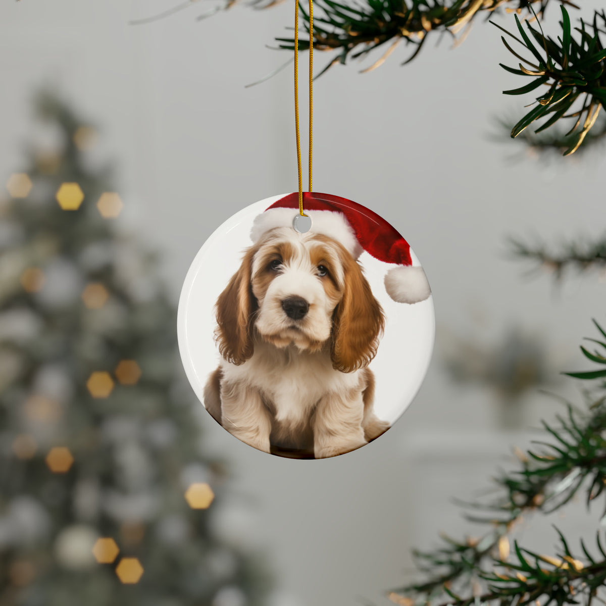 Hanging Ceramic Christmas Tree Ornament with Gold String - Grand Basset Griffon Vendéen Puppy Design, view 3