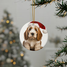 DistinctInk Hanging Ceramic Christmas Tree Ornament with Gold String - Great Gift/Present - 2 3/4 inch Diameter - Grand Basset Griffon Vendéen Puppy Design