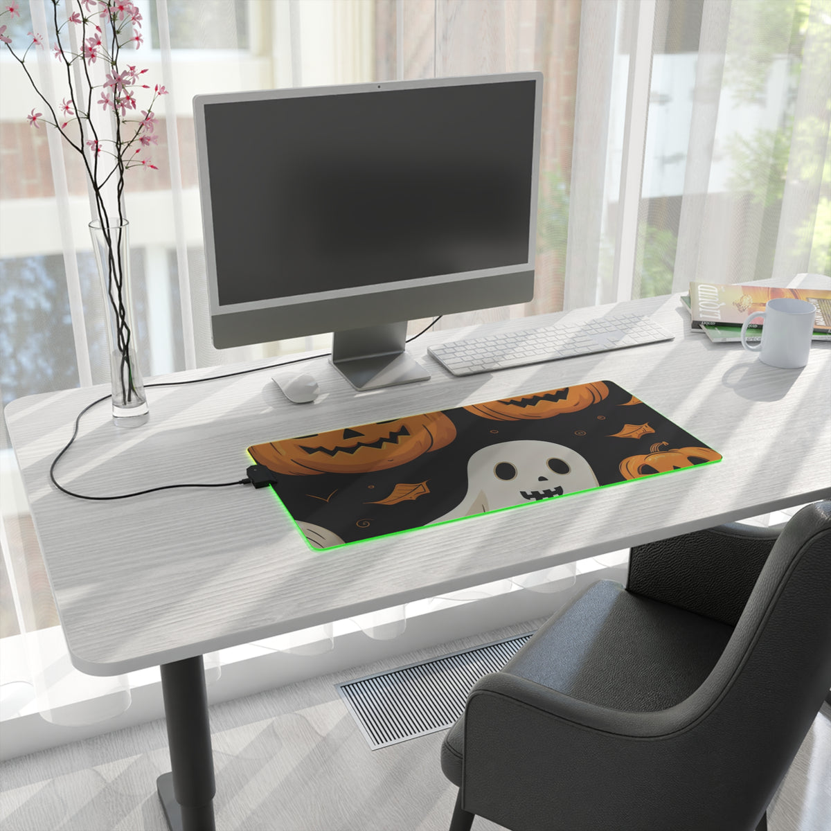 LED Gaming Mouse Pad with Ghastly Skeleton Pumpkin Party Design for Halloween, view 10