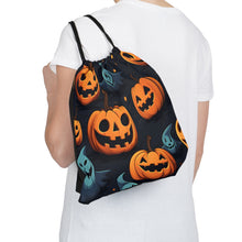 DistinctInk Drawstring Bag Backpack with Nightly Fright of Bats and Ghouls Design for Halloween