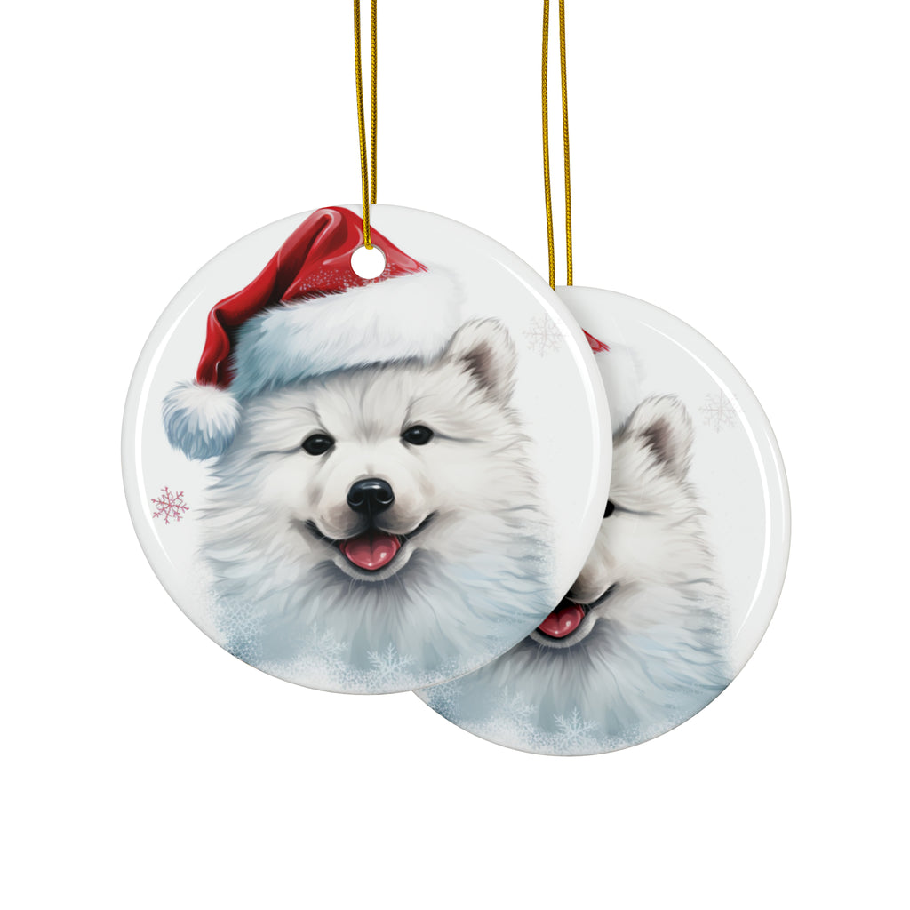 Hanging Ceramic Christmas Tree Ornament with Gold String - Samoyed Puppy Drawing Design, view 2