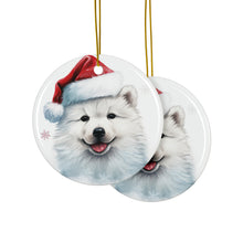 DistinctInk Hanging Ceramic Christmas Tree Ornament with Gold String - Great Gift/Present - 2 3/4 inch Diameter - Samoyed Puppy Drawing Design