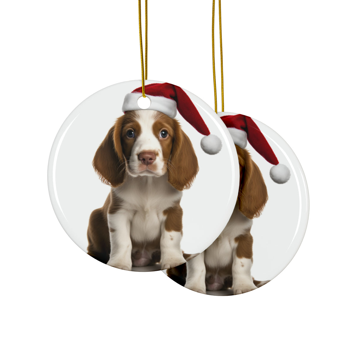 Hanging Ceramic Christmas Tree Ornament with Gold String - Welsh Springer Spaniel Puppy Design, view 2