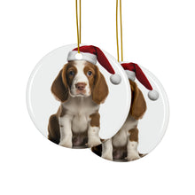 DistinctInk Hanging Ceramic Christmas Tree Ornament with Gold String - Great Gift/Present - 2 3/4 inch Diameter - Welsh Springer Spaniel Puppy Design