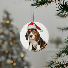 DistinctInk Hanging Ceramic Christmas Tree Ornament with Gold String - Great Gift/Present - 2 3/4 inch Diameter - Treeing Walker Coonhound Puppy Design