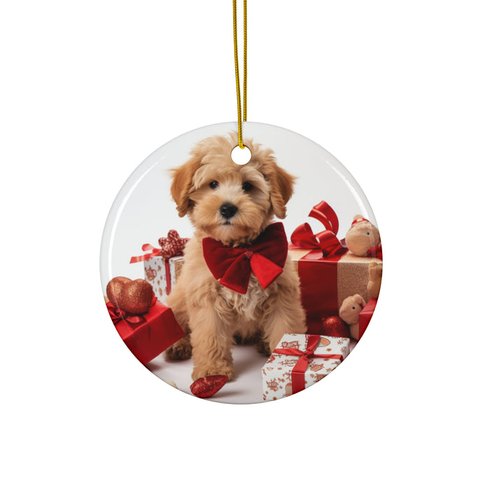 DistinctInk Hanging Ceramic Christmas Tree Ornament with Gold String - Great Gift/Present - 2 3/4 inch Diameter - Russian Toy Puppy Design