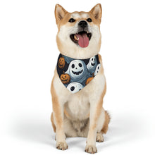 DistinctInk Adjustable Pet Banana Collar with Ghoulish Ghostbusters and Pumpkins Design for Halloween