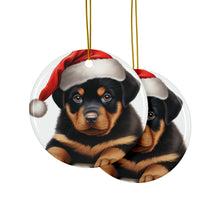 DistinctInk Hanging Ceramic Christmas Tree Ornament with Gold String - Great Gift/Present - 2 3/4 inch Diameter - Rottweiler Puppy Drawing Design