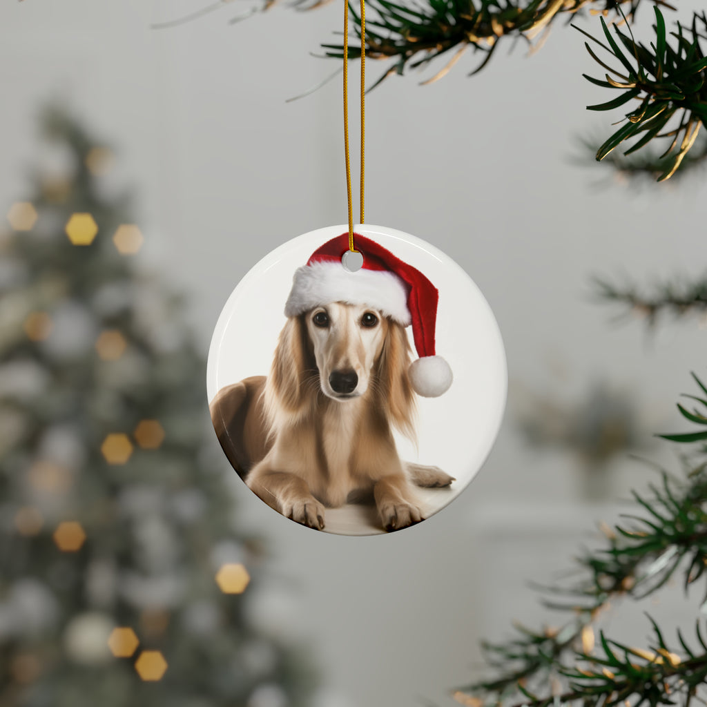 Hanging Ceramic Christmas Tree Ornament with Gold String - Saluki Puppy Design, view 3