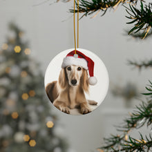 DistinctInk Hanging Ceramic Christmas Tree Ornament with Gold String - Great Gift/Present - 2 3/4 inch Diameter - Saluki Puppy Design