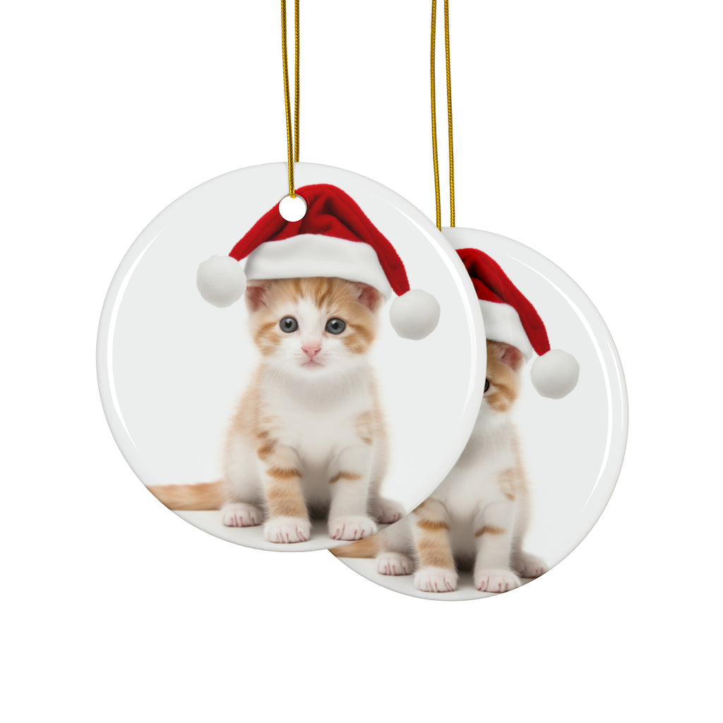 Hanging Ceramic Christmas Tree Ornament with Gold String - Japanese Bobtail Kitten Design, view 2